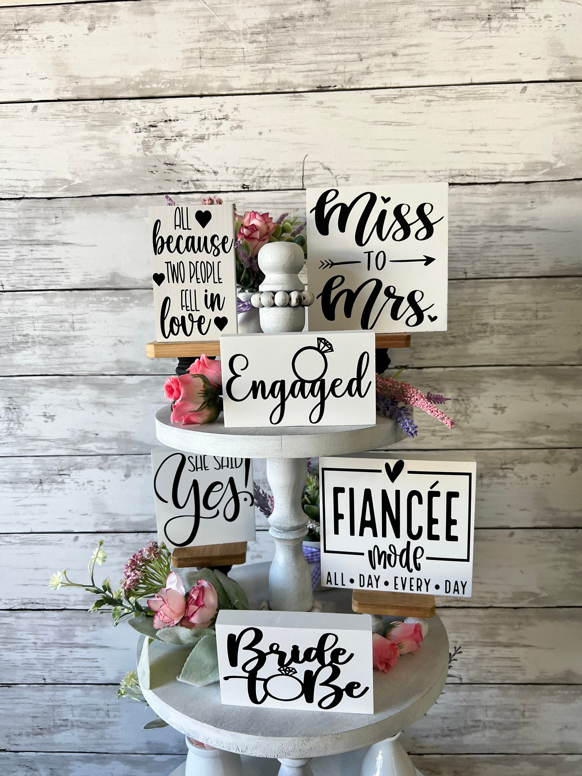 Engagement tiered tray decor, bride tiered tray, fiancee tiered tray, bridal shower decor, engagement party decor, bachelorette decor, bride