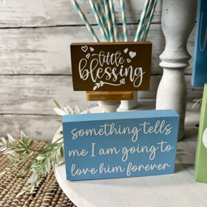 K&ouml;nnte beinhalten: Zwei Holzschildchen mit wei&szlig;er Beschriftung auf blauem und braunem Hintergrund. Das obere Schildchen sagt "little blessing" mit Herzen um den Text herum. Das untere Schildchen sagt "something tells me I am going to love him forever".