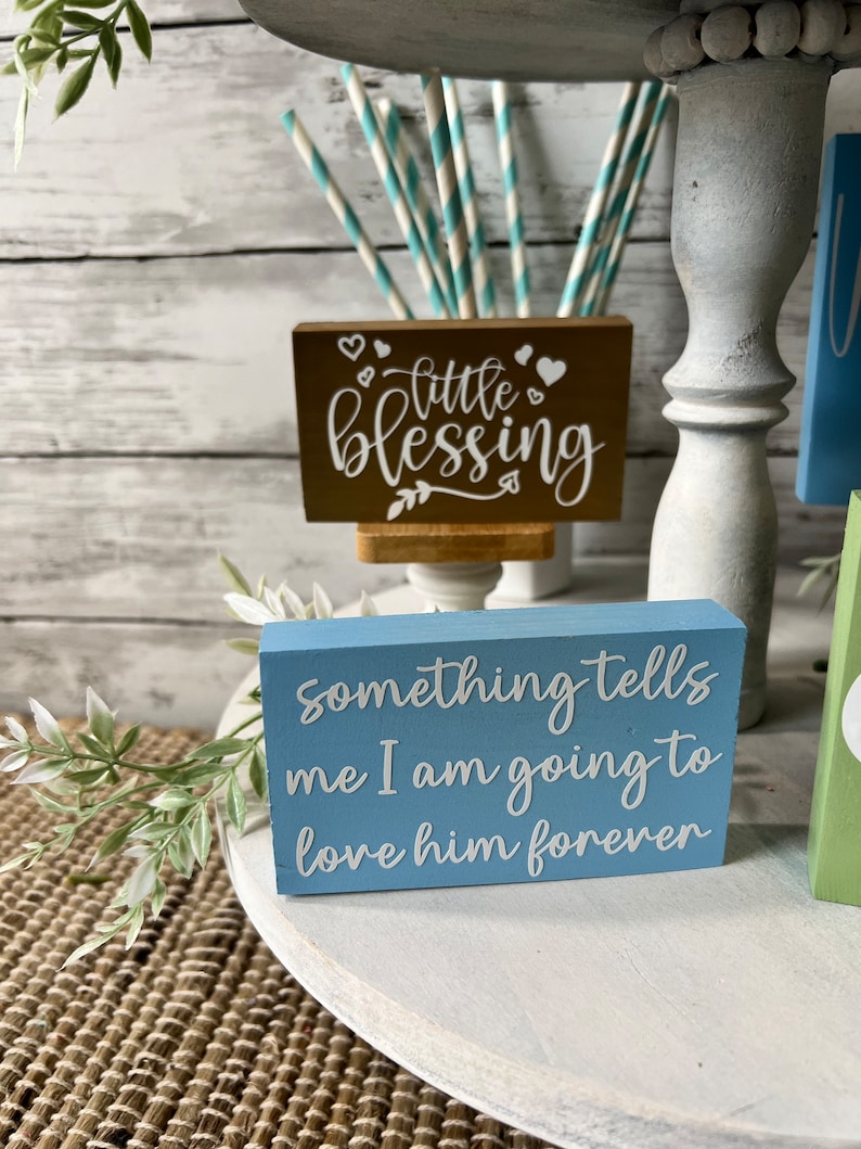 K&ouml;nnte beinhalten: Zwei Holzschildchen mit wei&szlig;er Beschriftung auf blauem und braunem Hintergrund. Das obere Schildchen sagt "little blessing" mit Herzen um den Text herum. Das untere Schildchen sagt "something tells me I am going to love him forever".