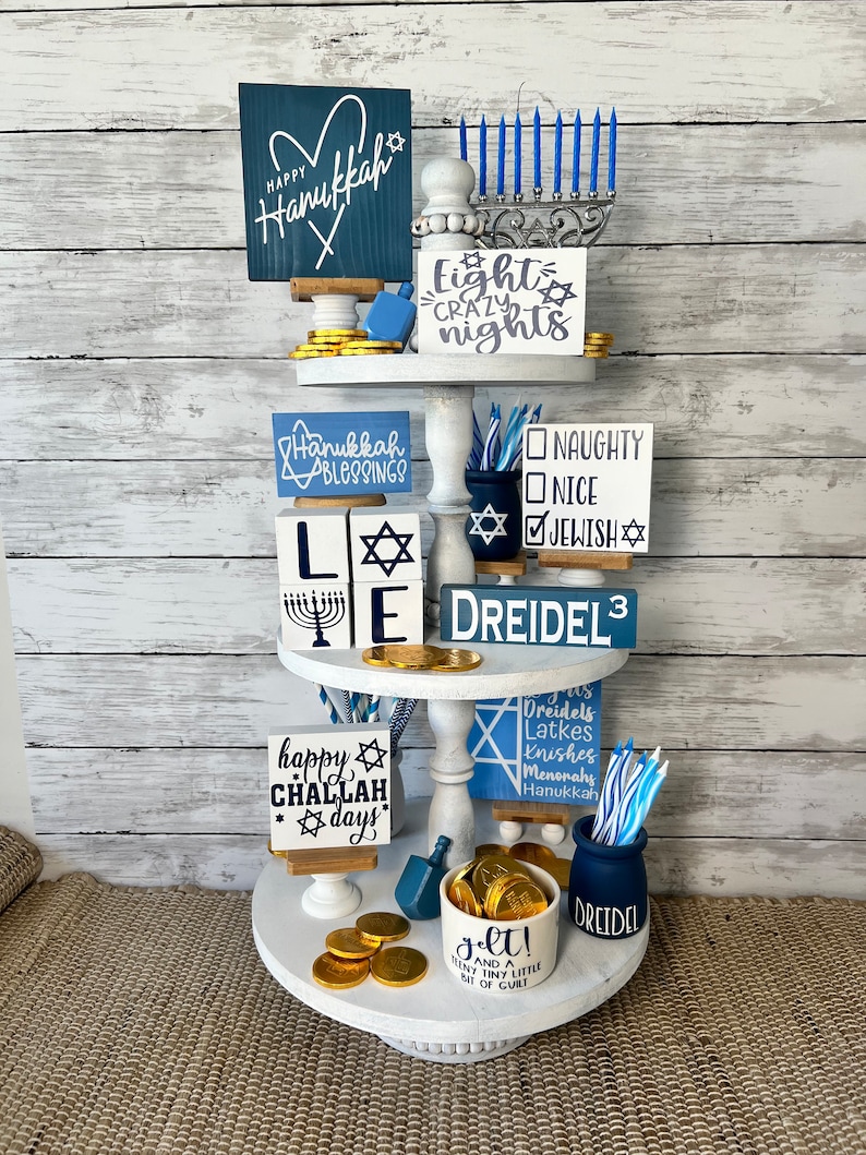 Hanukkah tiered tray decor, Hanukkah home decor, happy Hanukkah, Hanukkah wood signs, Hanukkah mini signs, holiday tray decor, jewish decor image 4