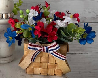 Patriotic tiered tray decor, fourth of july tray, patriotic mini florals, red white and blue flowers, Americana decor, USA decor