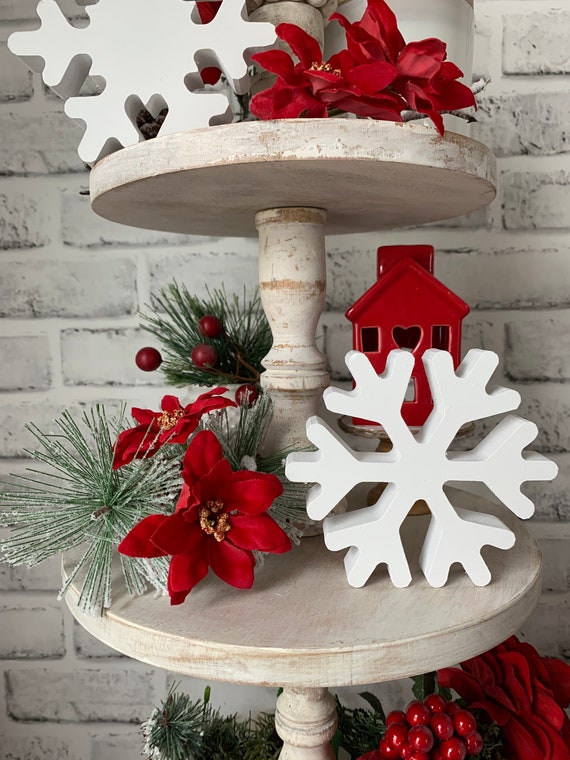 10 Pieces Christmas Wooden Snowflake Decor Winter Snowflake Signs Tabletop Decorations Standing Wood Tiered Tray Decorations for Christmas Winter
