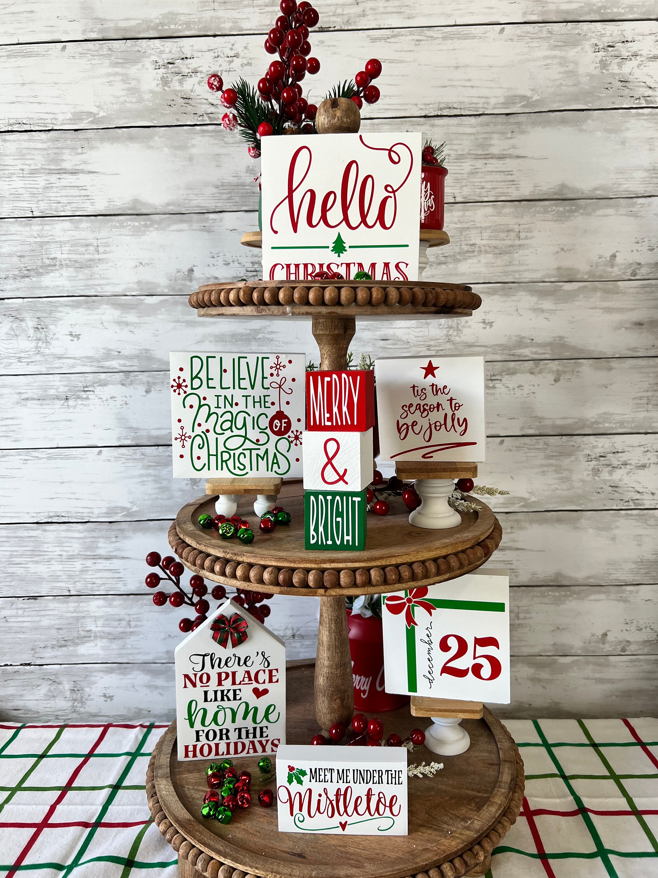 Fa La La Merry Bright Mini Tier Tray Set – 5 Wood Signs + Bead Strand, Christmas Decor
