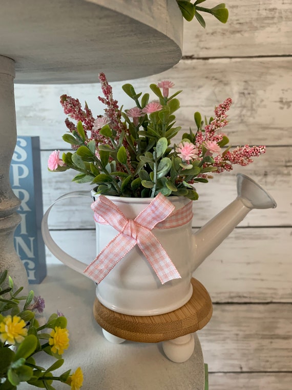 Spring tiered tray decor, Tiered Tray mini floral arrangement, mini watering can for tiered tray , tiered tray greenery, eucalyptus,