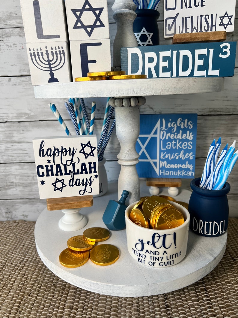 Hanukkah tiered tray decor, Hanukkah home decor, happy Hanukkah, Hanukkah wood signs, Hanukkah mini signs, holiday tray decor, jewish decor image 6