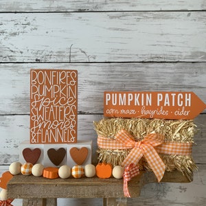May include: A wooden sign with the text "Pumpkin Patch" and the words "corn maze, hayrides, cider" below. The sign is propped up on a bale of hay with a white and orange gingham ribbon tied around it. There are also two wooden signs with fall-themed text, a wooden stool, and a garland of orange and white beads.