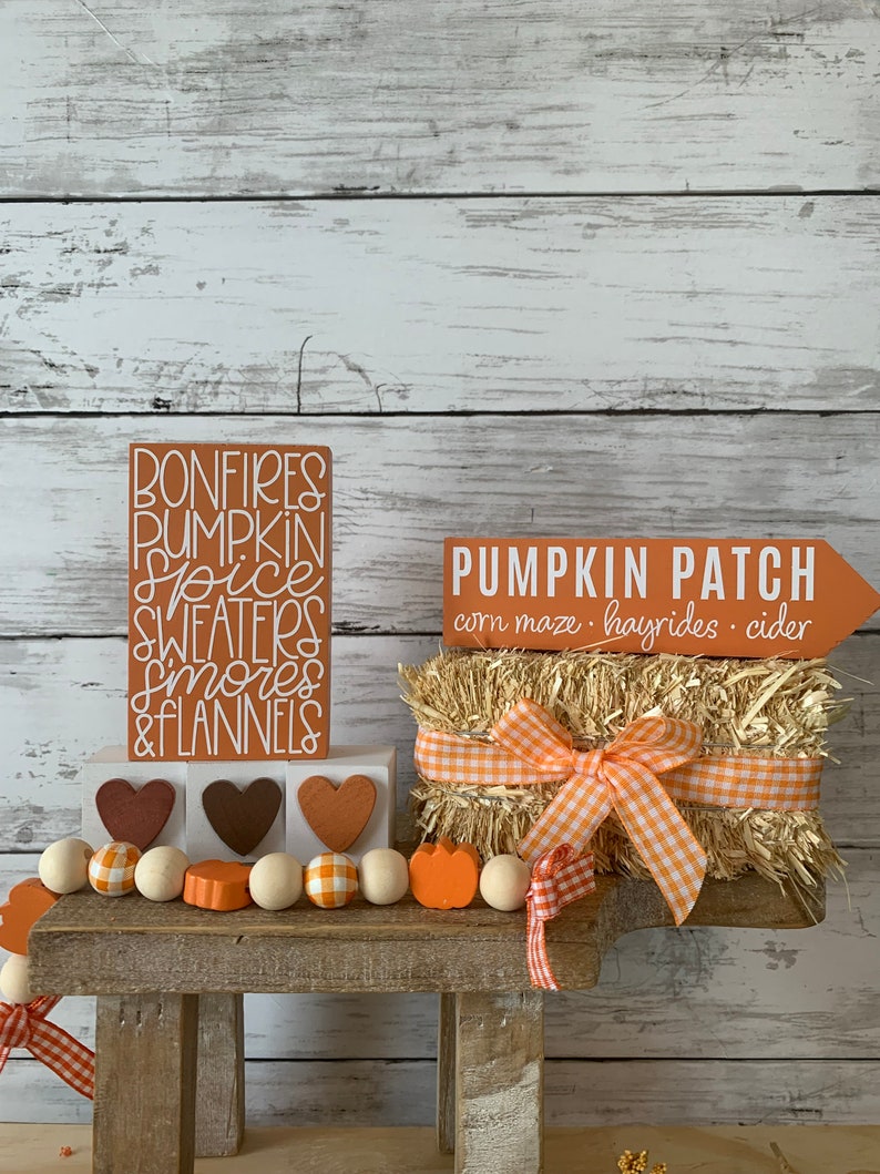 May include: A wooden sign with the text "Pumpkin Patch" and the words "corn maze, hayrides, cider" below. The sign is propped up on a bale of hay with a white and orange gingham ribbon tied around it. There are also two wooden signs with fall-themed text, a wooden stool, and a garland of orange and white beads.