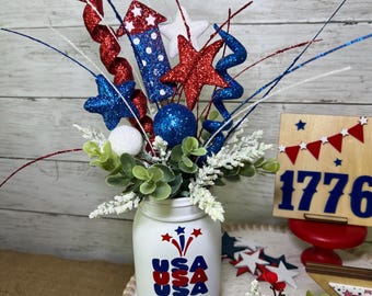 Patriotic floral arrangement, fourth of july floral centerpiece, patriotic home decor, USA decor, red white and blue flowers, Americana