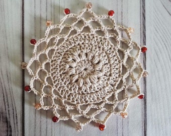 Crochet Glass Cover: Cream Cotton with Amber Beads, Insect Protection