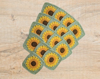 Crochet Granny Squares Sunburst Sunflower with Pistachio Green Border 10 cm x 10 cm as a set of 4  - (4 sets Available)
