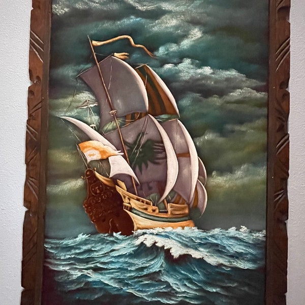 1970’s Rare Amazing Vintage Velvet Ship painting Hand painted Made in Mexico … one of a kind Hand Carved wood frame