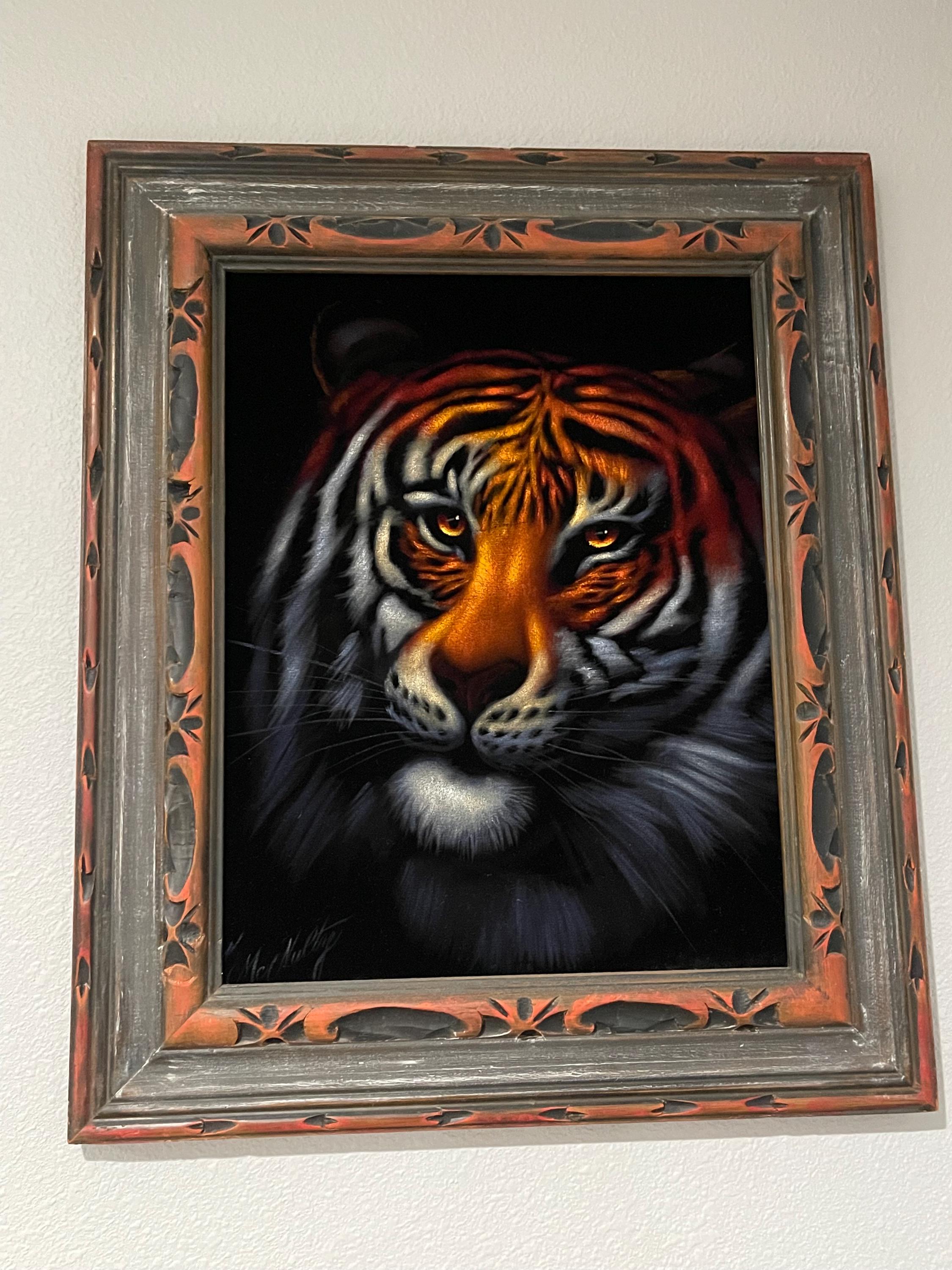 Vintage Velvet Painting of Tiger on Rare Hand Carved Wood Frame