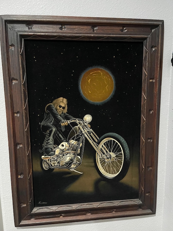 1970's Rare Amazing Vintage Velvet Painting of Chopper Biker Hand