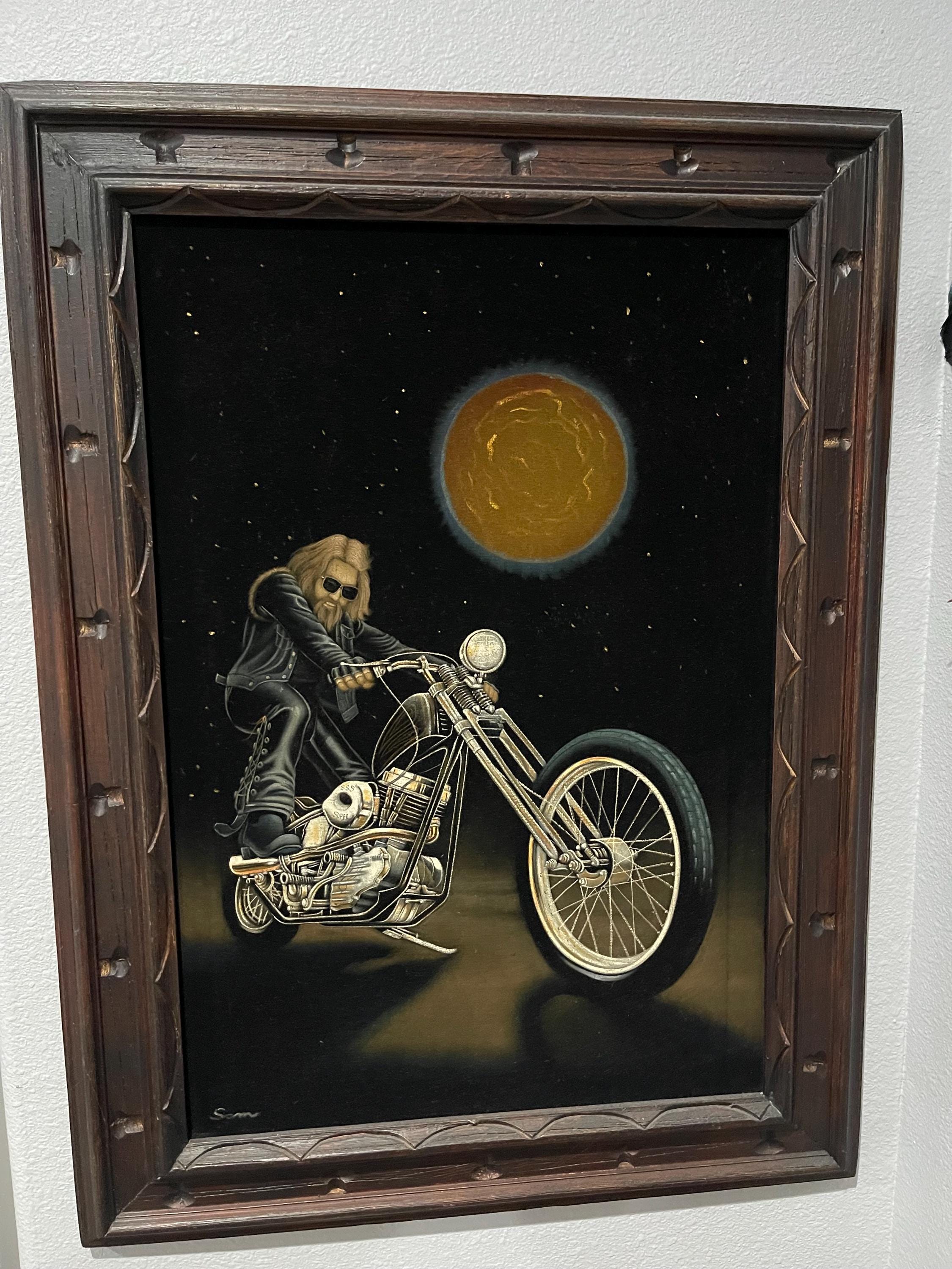 1970's Rare Amazing Vintage Velvet Painting of Chopper Biker Hand