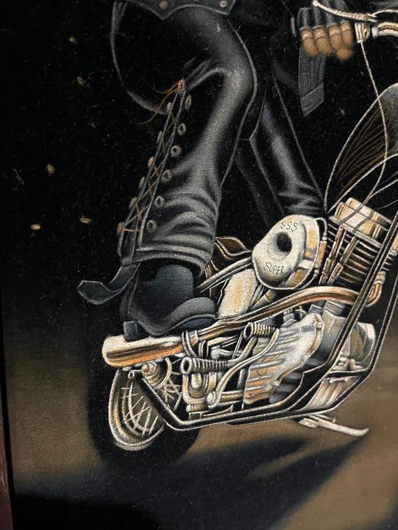 1970's Rare Amazing Vintage Velvet Painting of Chopper Biker Hand