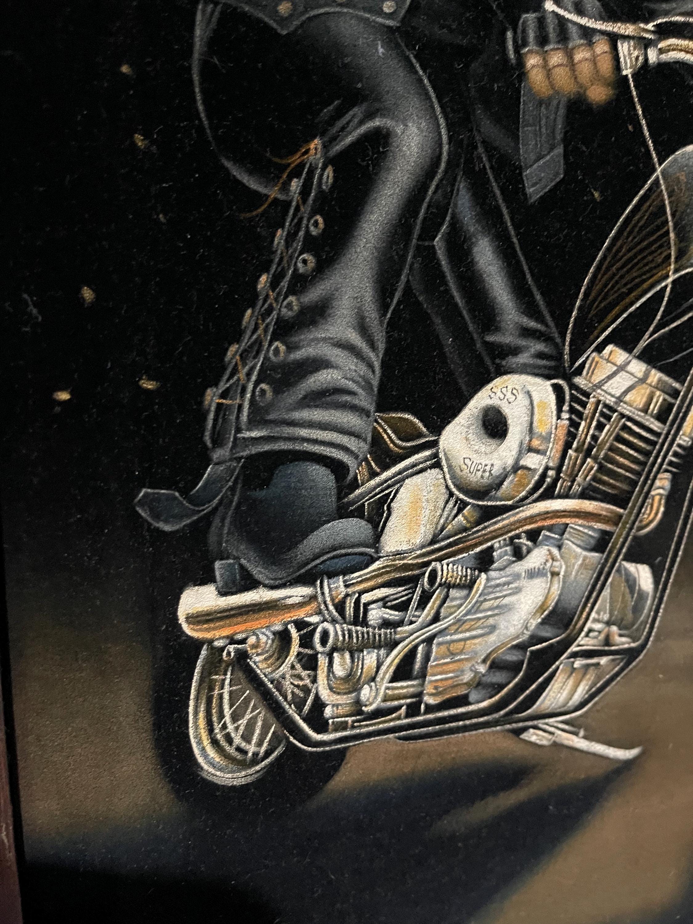 1970's Rare Amazing Vintage Velvet Painting of Chopper Biker Hand