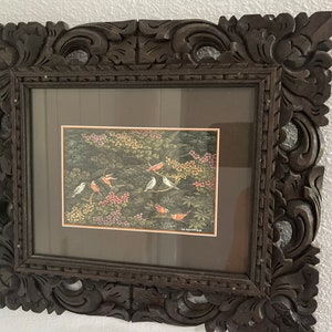 Bali Balinese Art painting drawing mounted on Hand Carved wood frame Scenery of wildlife and Birds 15 ” wide x 12 3/4” tall