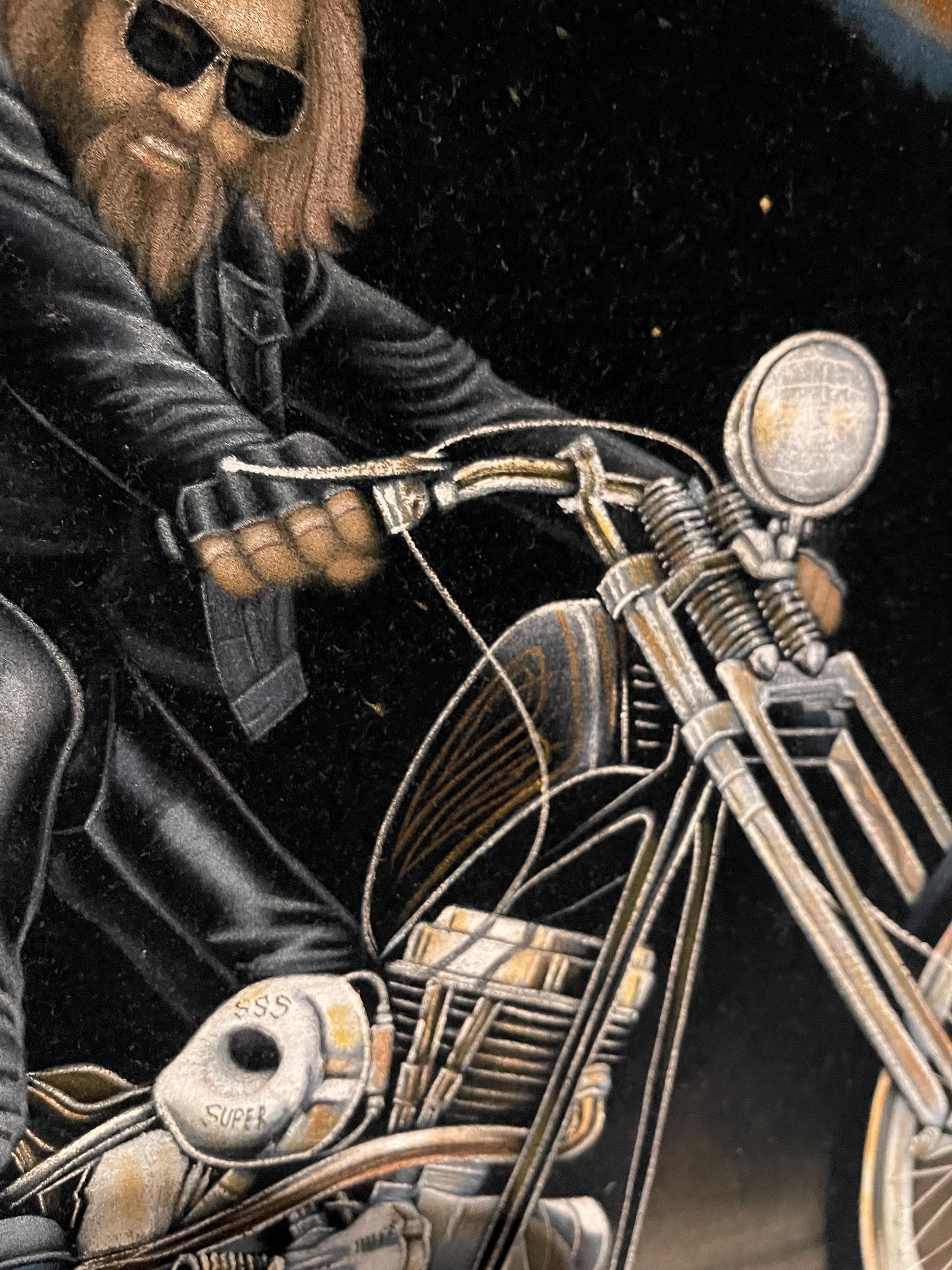 1970's Rare Amazing Vintage Velvet Painting of Chopper Biker Hand