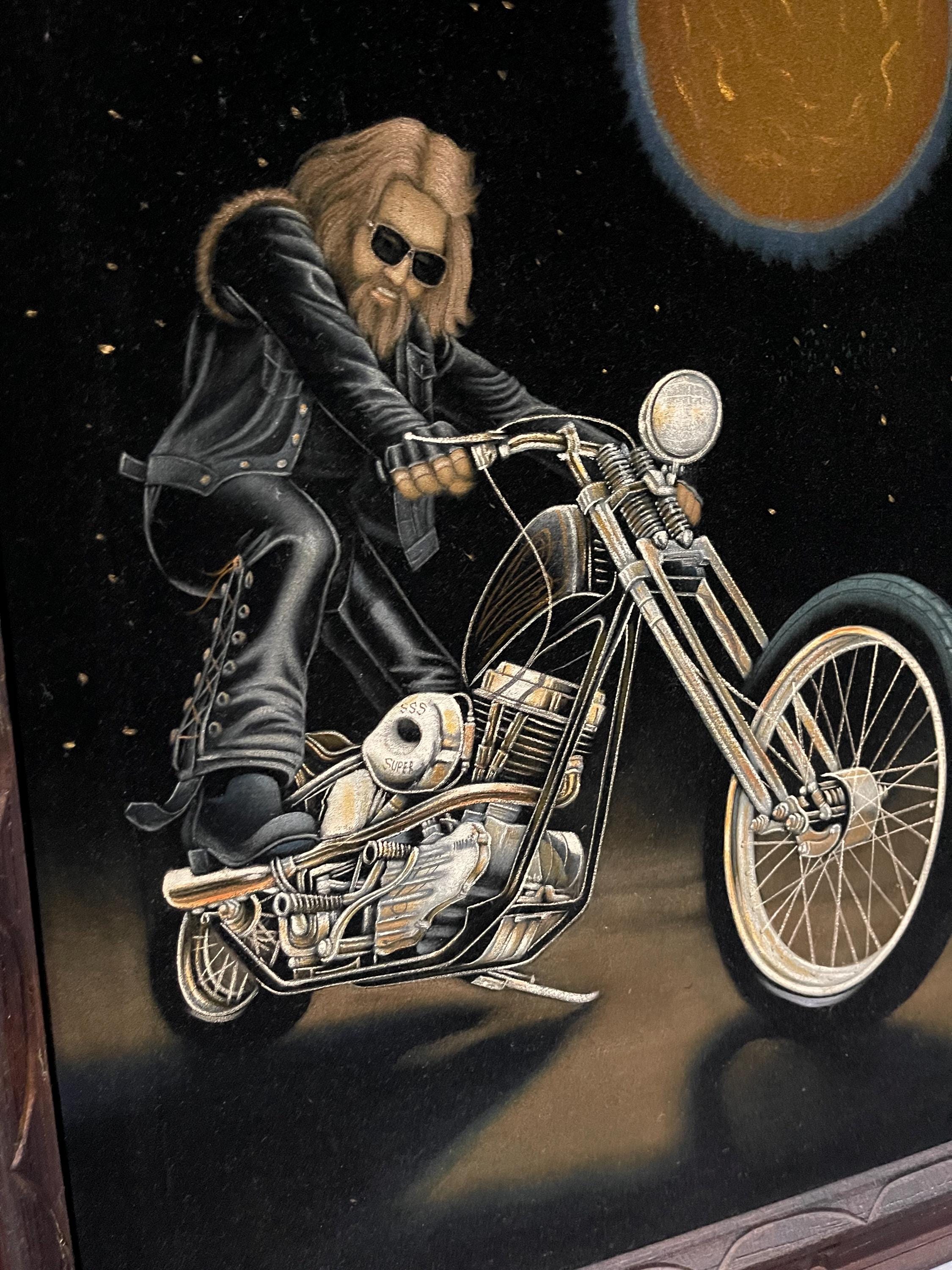 1970's Rare Amazing Vintage Velvet Painting of Chopper Biker Hand