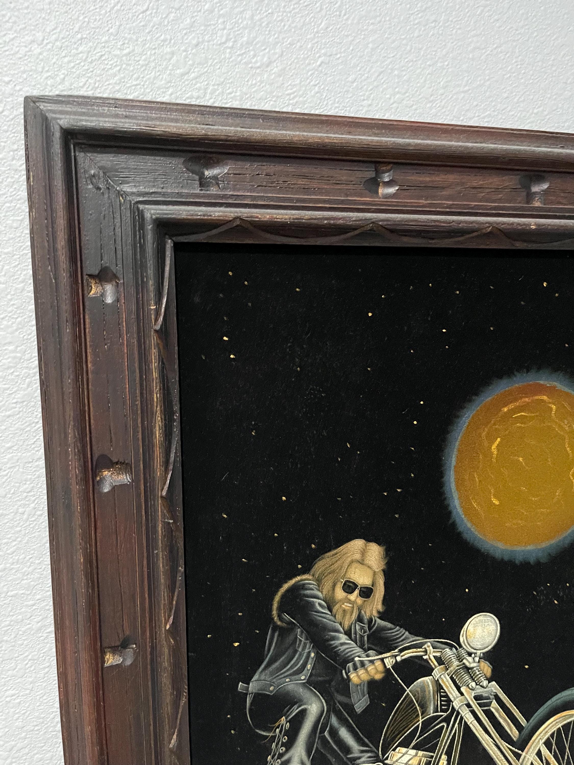 1970's Rare Amazing Vintage Velvet Painting of Chopper Biker Hand