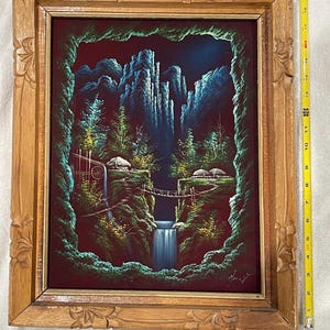 1970's Rare Amazing Vintage Velvet Ship Painting Hand
