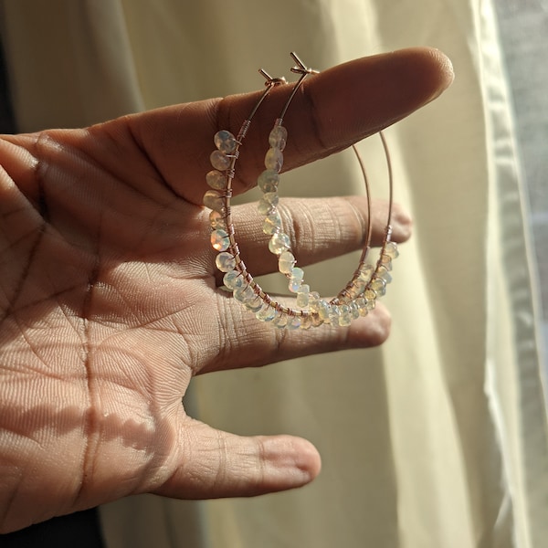 Opal gemstone | Wire Wrapped Hoop Earrings