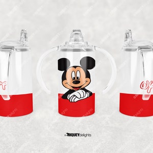 May include: A clear sippy cup with a red base and a Mickey Mouse graphic. The cup has a clear lid and handles. The text "opp" is printed in red on the side of the cup. The brand name "NIQUEY delights" is printed at the bottom.