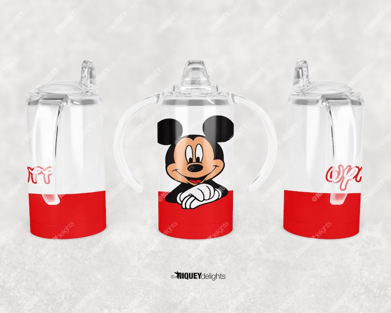 May include: A clear sippy cup with a red base and a Mickey Mouse graphic. The cup has a clear lid and handles. The text "opp" is printed in red on the side of the cup. The brand name "NIQUEY delights" is printed at the bottom.