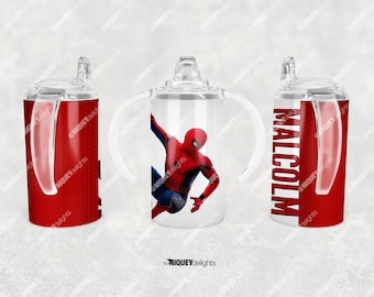 Personalisierte Spiderman Trinkgefäß - Schnabeltasse mit Duo Deckel, 15 Unzen, 12 Unzen, 9 Unzen | Edelstahl Becher