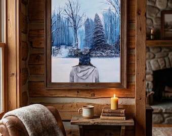 Newly Fallen Snow Original Painting - Winter Forest Art, Girl in Snow Wall Decor, Cozy Cabin Fine Art Prints on Paper and Flat Canvas