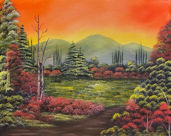 Mountain Sunset Oil Painting on 16x20 inch Stretched Canvas