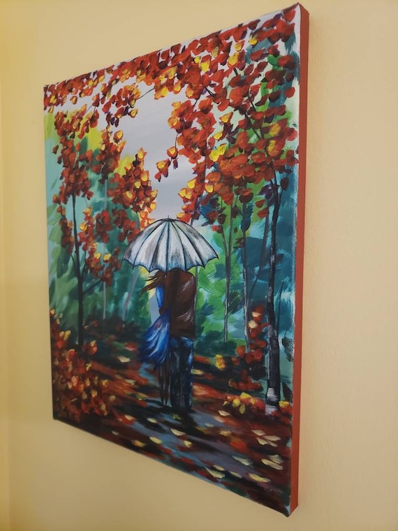 Lovers Walking In The Rain Painting On Stretched Canvas Etsy