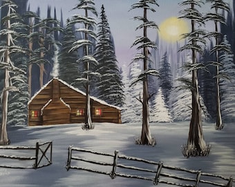 Winter Cabin Acrylic Painting on 16x20 inch Stretched Canvas