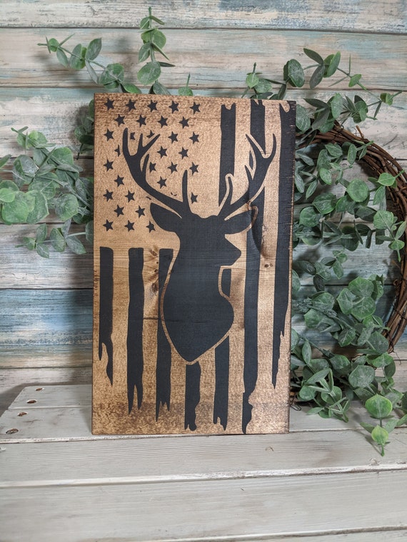 Deer Flag Wood Sign Rustic Deer Wood Decor Farmhouse Deer Etsy