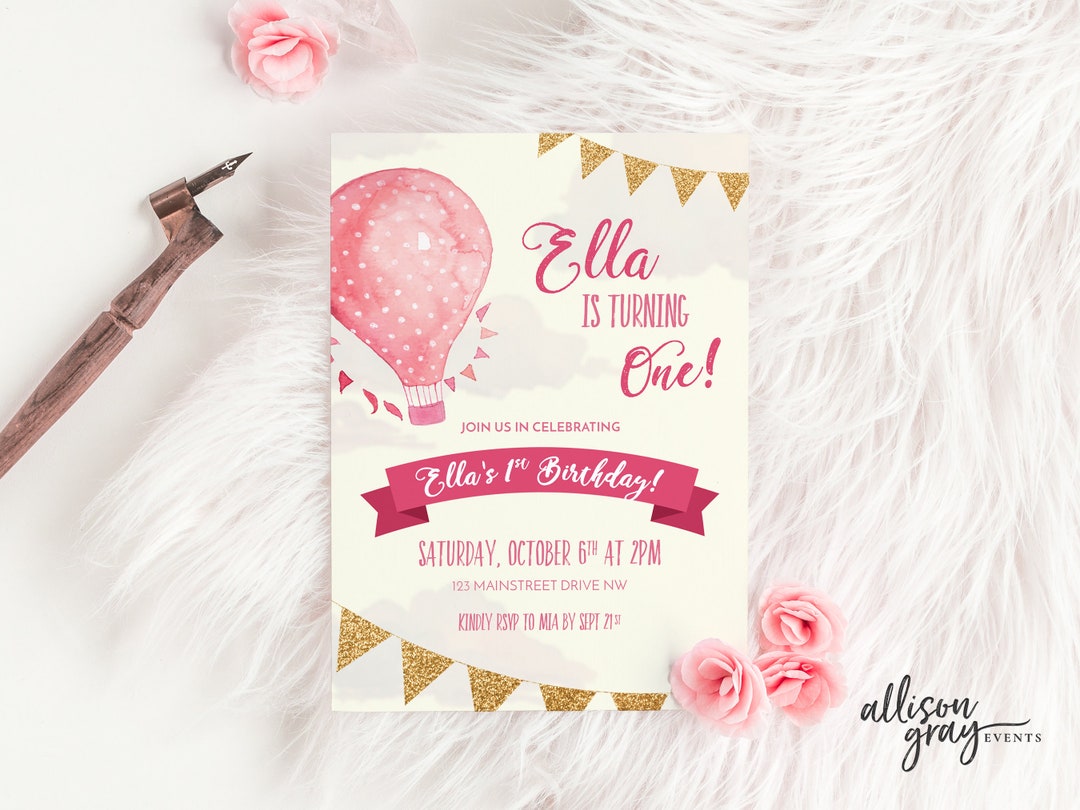 Hot Air Balloon Party Invitation Girl Pink Any Age Birthday - Etsy