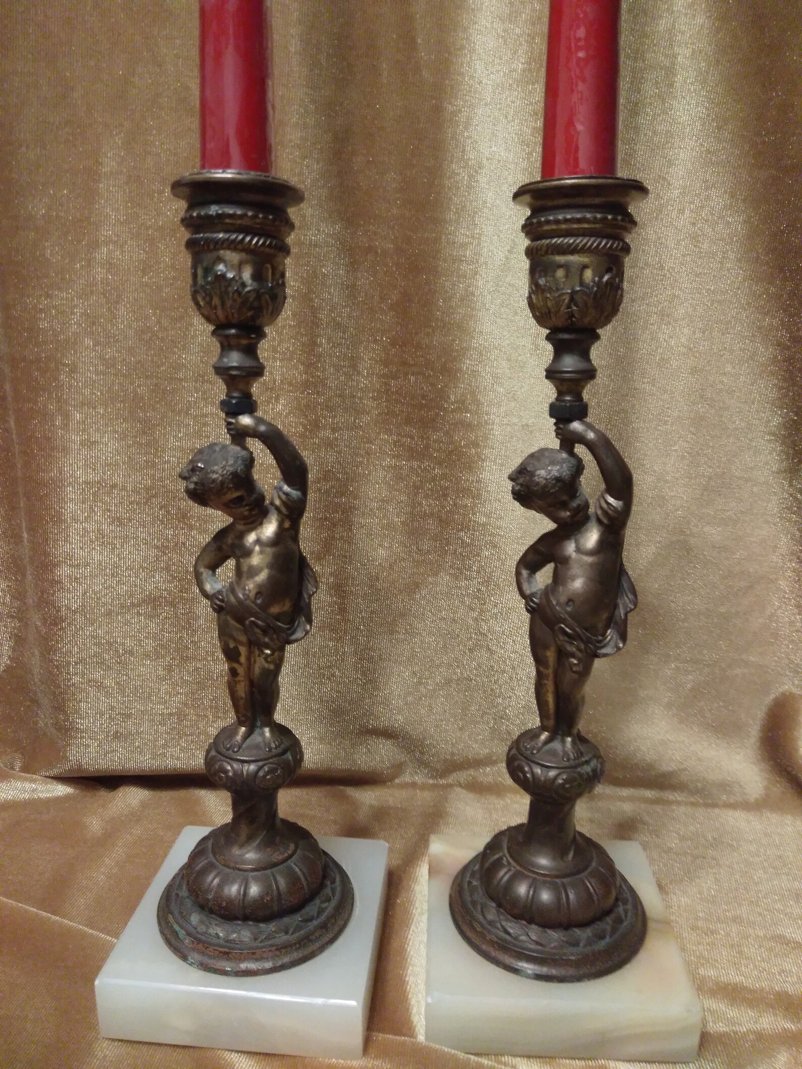 Vintage Pair of Bronze Cherub Candle Holders with Marble Etsy