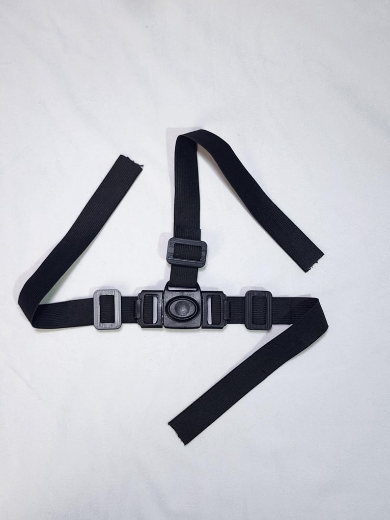 May include: A black chest harness with adjustable straps and multiple buckles. The harness is designed to secure a camera or other device, featuring a central mounting point and side adjustment buckles. The straps are made of a durable, woven material.