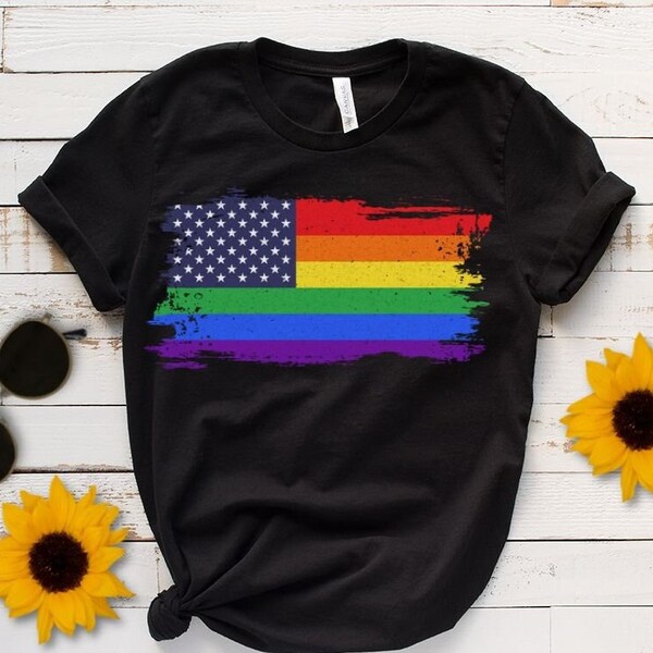 Pride Month 2022 Shirt, Rainbow US Flag T-Shirt, LGBTQ Pride Tee, Rainbow Heart Merch, Proud Gay Gift, Lesbian Clothing, Pride Support Gift