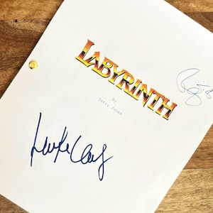 May include: A white script with the title "LABYRINTH" in gold and orange lettering, with the text "By Terry Jones" below. The script has blue signatures and is held together with gold brads.