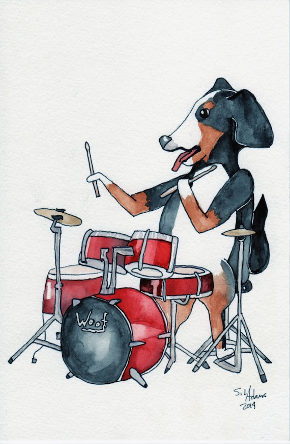 Print Dog Playing Drums Original Watercolor Painting Etsy
