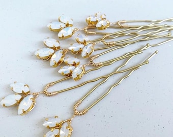 Gold Opal Crystal Hair Pins | Bridal | Bridesmaid | Set of 7 | Hair Jewels | Wedding Wear