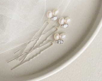 Set of 3 Freshwater Pearl And Cubic Zirconia Crystal Hair Pins | Bridal Wear | Bridesmaid | Weddings | Prom