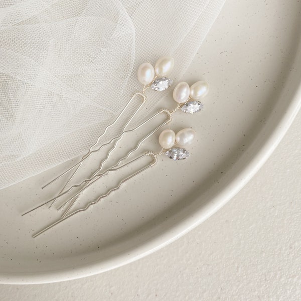Set von 3 Süßwasserperlen und Zirkonia Kristall Haarnadeln | Brautmode | Brautjungfer | Hochzeiten | Abschlussball