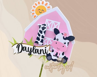 Cow Cake Topper: Custom Name & Age, Farm Theme Party