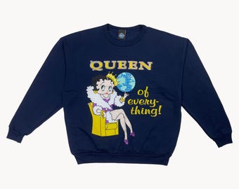 Vintage 90s Betty Boop Queen Of Everything Graphic Sweatshirt Size L Navy Blue Cartoon TV Promo 1990s Kitsch Retro Pullover Sweater