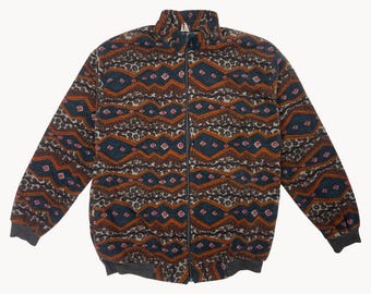 Vintage 90s Lemon Line Aztec Geometric Full Zip Fleece Jacket L LAMPO Zipper