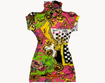Archival SS 2012 Versace Tribute Collection Heritage Collage Mini Dress IT 38 XS Butterfly Baroque Leopard Polka Dot 90s Gianni Aesthetic
