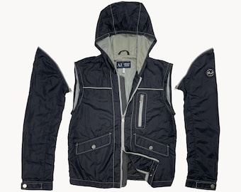 Vintage 90s Armani Jeans Urban Sport Modular 2 in 1 Arm Patch Jacket Size M Navy Blue Simint Era Archival Vest Detachable Sleeves Gorpcore