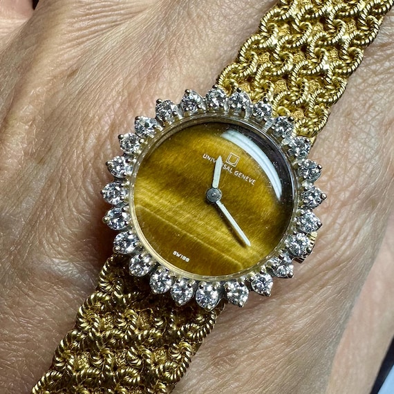 Vintage Universal Geneve 18k Gold Tiger Eye & Diamond Watch