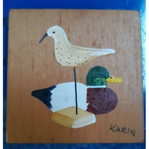 Vintage Fridge Magnet 1980 Karin Vollkommer Painted Wood Mallard Duck Sand Piper